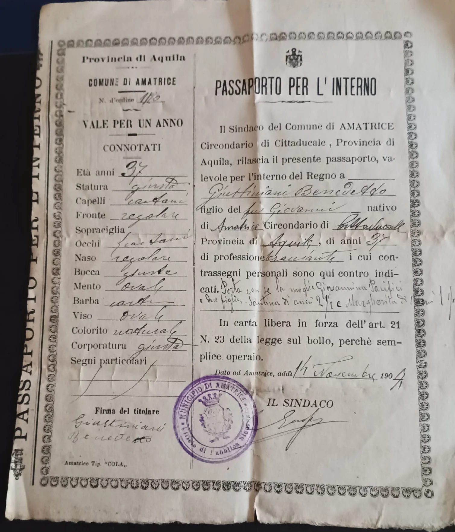 Un vecchio documento del 1907